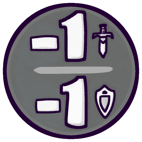 A grey circle with “-1 | -1” written inside in white block lettering. An icon of a sword is next to the “1” on top, and an icon of a shield is next to the “1” on the bottom.